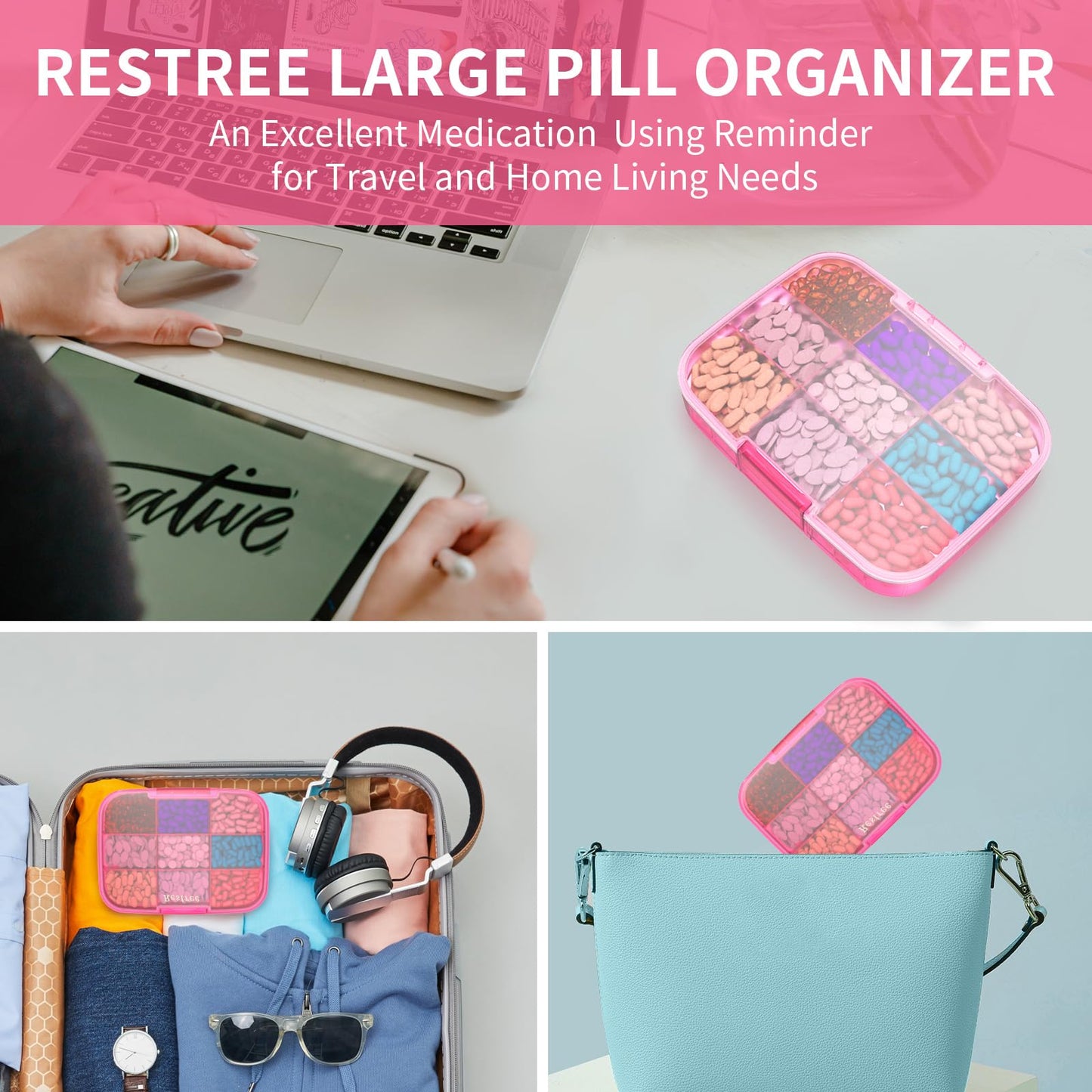 Restree Large Pill Organizer, Portable Pill Dispenser, Moisture-Proof Travel Pill Case for Vitamin, Medicine, Fish Oil/Supplements Extra Large 9 compartments (Pink)