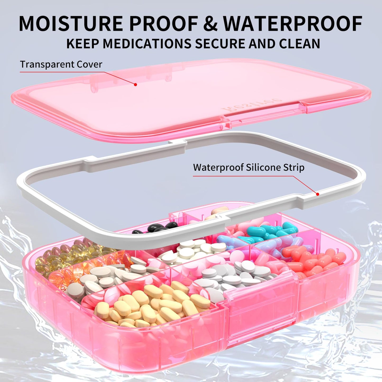 Restree Large Pill Organizer, Portable Pill Dispenser, Moisture-Proof Travel Pill Case for Vitamin, Medicine, Fish Oil/Supplements Extra Large 9 compartments (Pink)