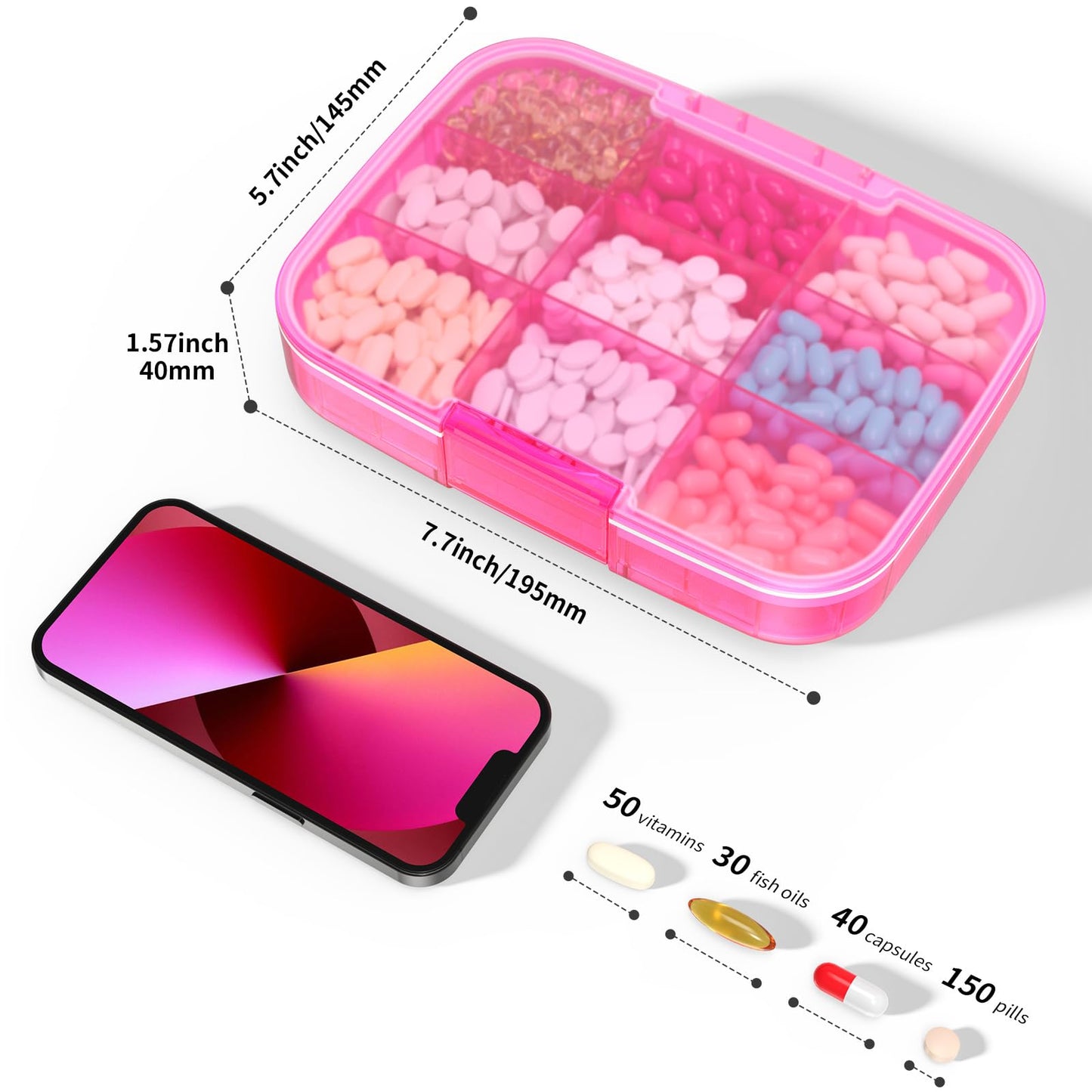 Restree Large Pill Organizer, Portable Pill Dispenser, Moisture-Proof Travel Pill Case for Vitamin, Medicine, Fish Oil/Supplements Extra Large 9 compartments (Pink)