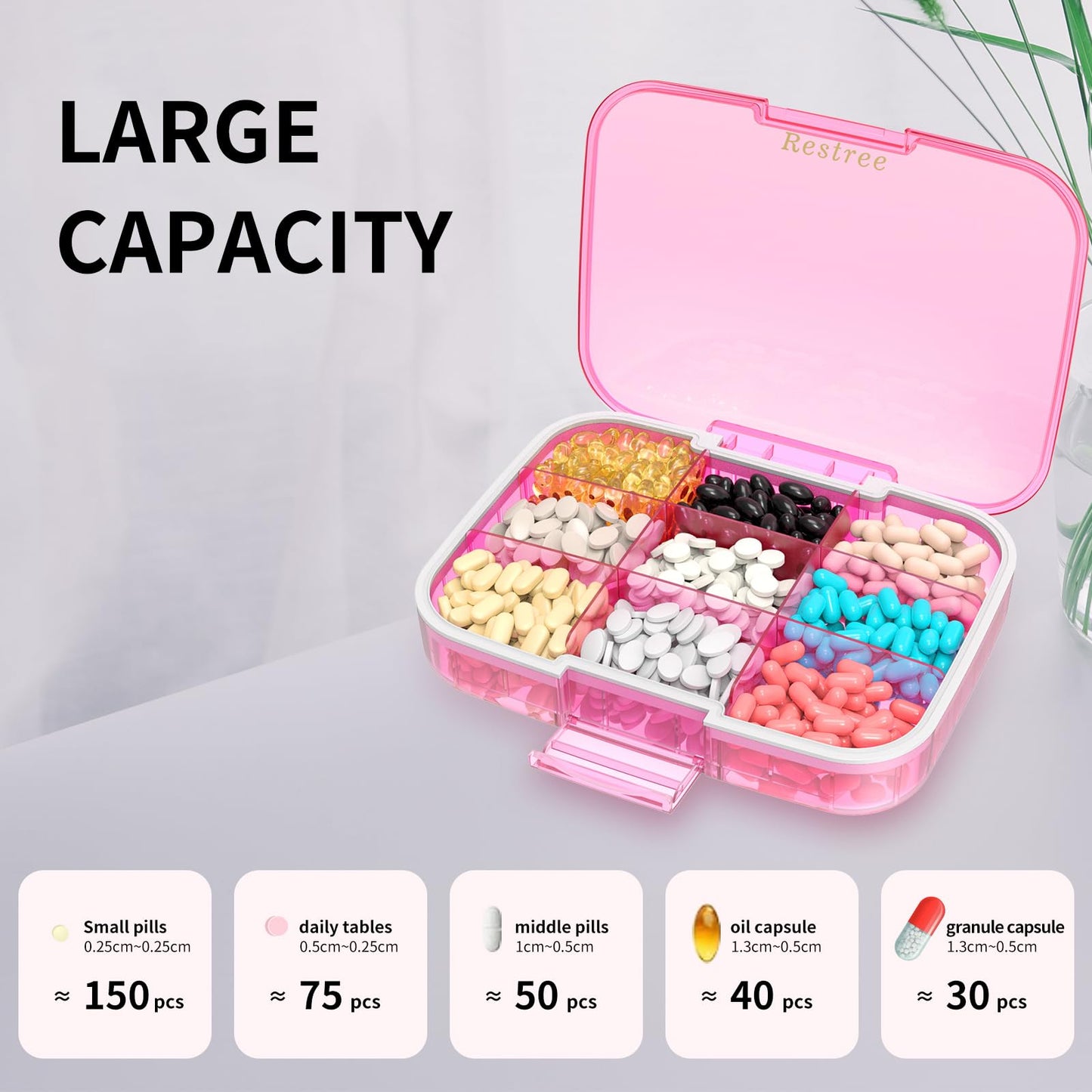 Restree Large Pill Organizer, Portable Pill Dispenser, Moisture-Proof Travel Pill Case for Vitamin, Medicine, Fish Oil/Supplements Extra Large 9 compartments (Pink)