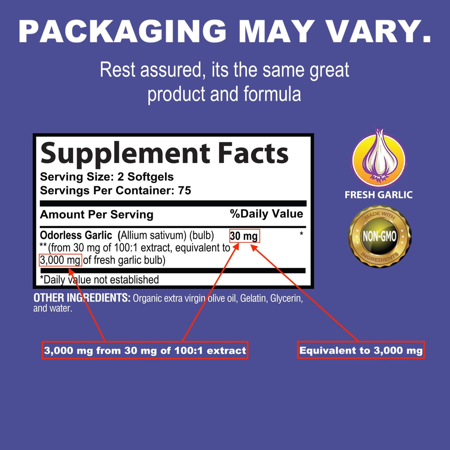 NaturaLife Labs A Higher Standard Odorless Garlic 3000 mg per Serving Immune System Support - 150 Soft gels