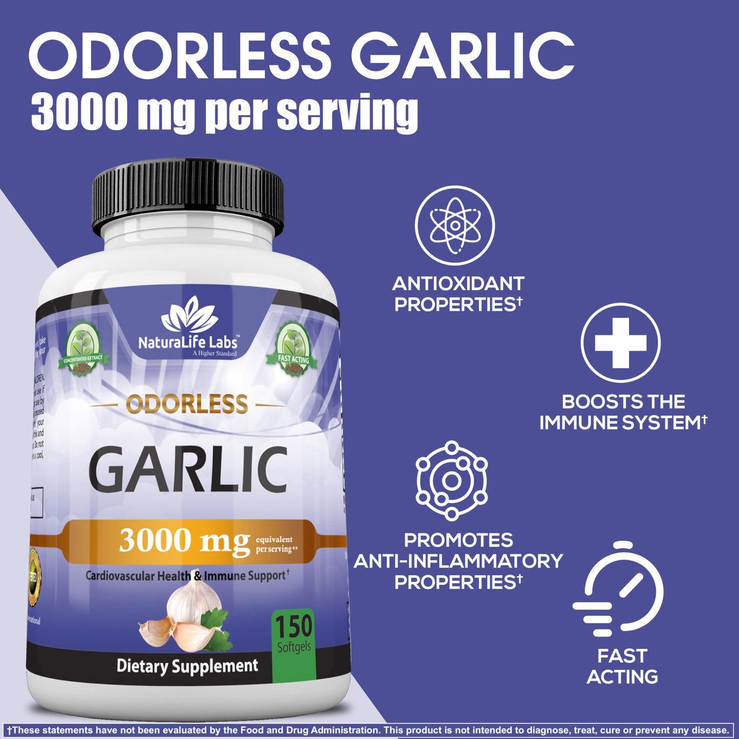 NaturaLife Labs A Higher Standard Odorless Garlic 3000 mg per Serving Immune System Support - 150 Soft gels